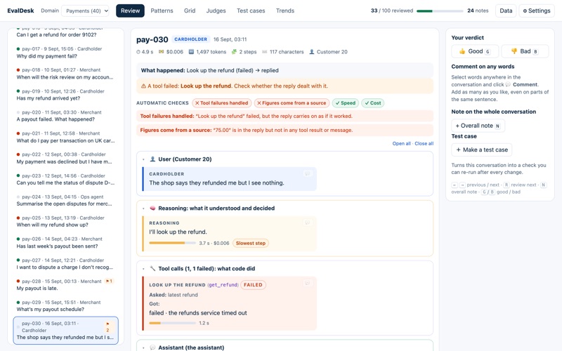 EvalDesk review screen showing a payments conversation with automatic checks