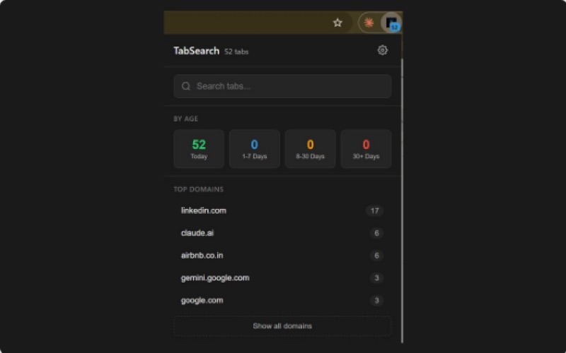 TabSearch popup listing open tabs by age and domain